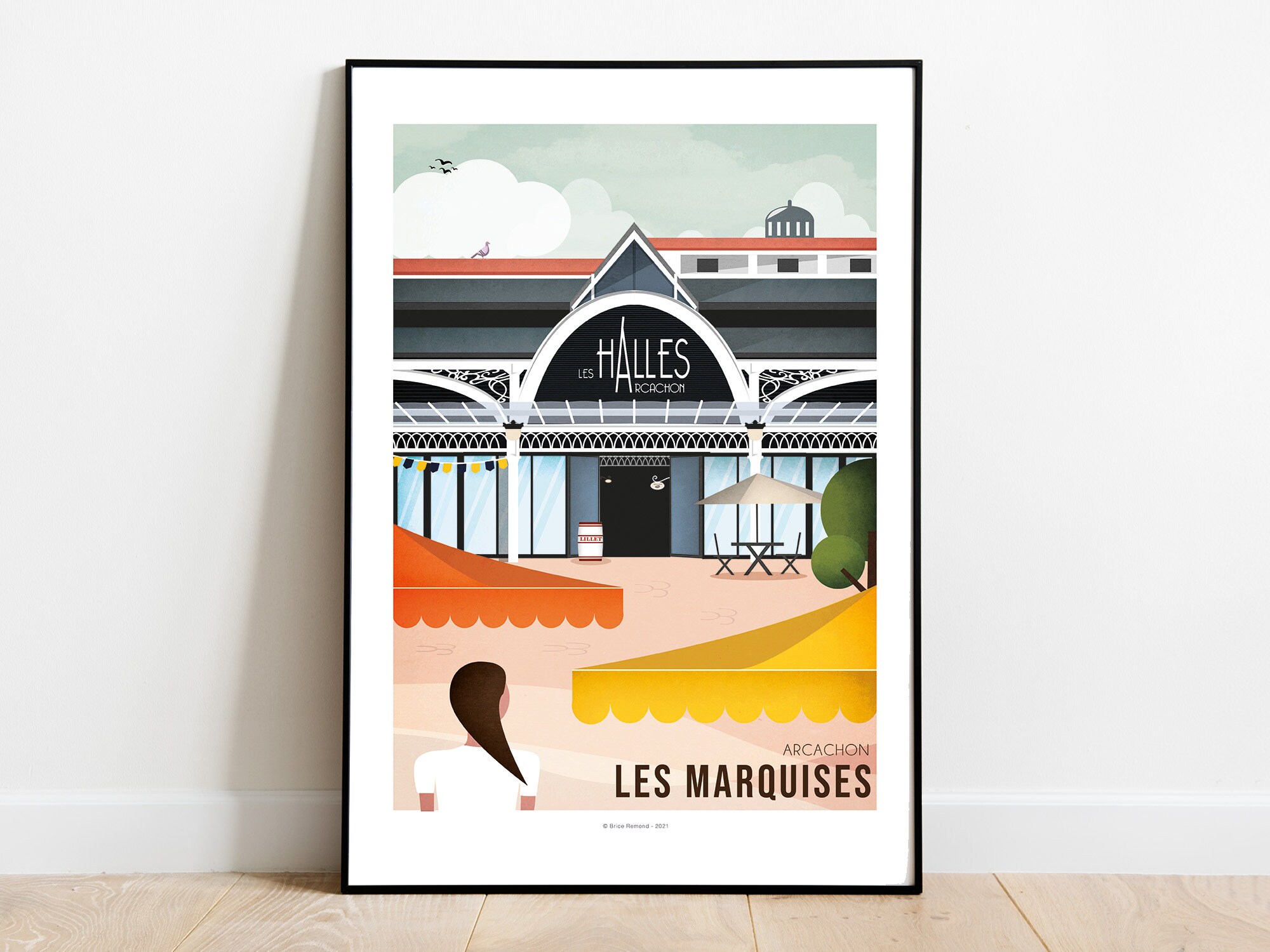 Original Posters Place des Marquises and market halls of Arcachon. Gironde, Aquitaine, France.