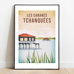 Cartel Cabanes Tchanquées l'île aux Oiseaux en el Bassin d'Arcachon, Burdeos, Aquitania, Francia
