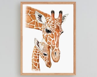 Giraffe Print, Animal Mom and Baby, Safari Nursery Wall Art, Zoo Animal Print, Giraffes Watercolor Painting, Baby Room Décor, Nursery Art