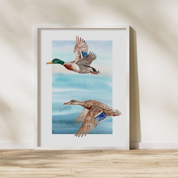 Mallard Ducks in Flight, Watercolor Painting Print, Duck Hunting Nursery Décor, Water Bird Art, Wall Prints for Boys Room, Wildlife Wall Art