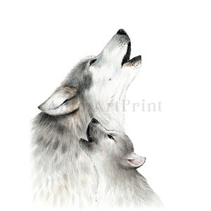 Wolf Art, Mother and Baby Wolf Print, Mama Wolf and Cub, Howling Wolf ...