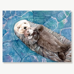 Sea Otters. Mother Otter and her Baby. Fine Art Paper or Canvas Print of Original Watercolor Painting.