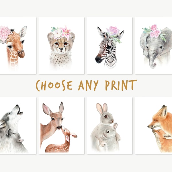 Animal Print, Nursery Art, Animal Portrait - Face Painting, Illustration, Choose any Print : 5x7, 8x10, 11x14, 12x16, 16x20, Watercolor Art