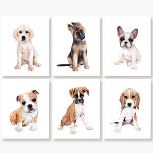 Arte per la cameretta dei cuccioli, ritratti di cuccioli, foto della cameretta dei cani, decorazioni per la cameretta dei neonati, acquerelli, set di stampe artistiche da parete, regalo per gli amanti dei cani
