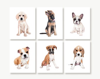 Puppy Nursery Art, Pups Portraits, Dog Nursery Pictures, Baby Boy Room Décor, Watercolor Paintings, Wall Art Print Set, Gift for Dog Lover