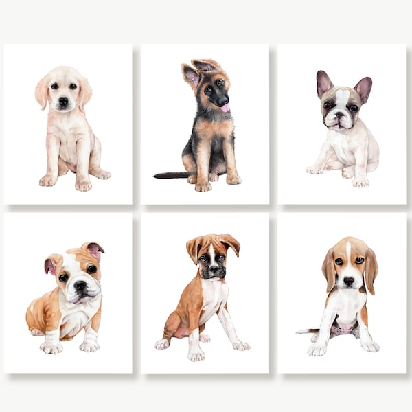 Puppy Nursery Art, Pups Portraits, Dog Nursery Pictures, Baby Boy Room Décor, Watercolor Paintings, Wall Art Print Set, Gift for Dog Lover