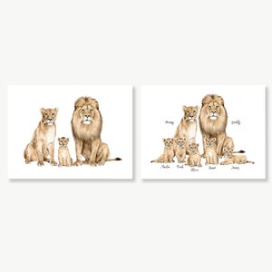 Lion Family Print, Safari Nursery Décor, Custom Name Wall Art, Lion, Lioness and Cubs, Animal Family Print, Mom, Dad & Baby Gift, Baby Leo