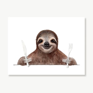 Funny Kitchen Art, Hungry Sloth Waiting for Food, Cute Kitchen Décor, Dining Room Wall Art, Animal Painting, Whimsical Art Animals Eating