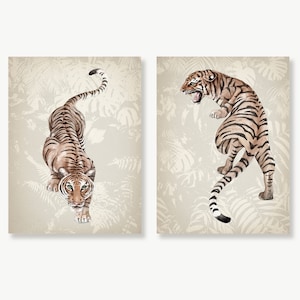Two Tigers, Neutral Wall Art Print Set of 2 Tiger Paintings, Jungle Décor for Living Room, Wildlife Animal Prints, Big Cats, Nature Artwork