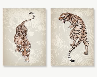 Two Tigers, Neutral Wall Art Print Set of 2 Tiger Paintings, Jungle Décor for Living Room, Wildlife Animal Prints, Big Cats, Nature Artwork