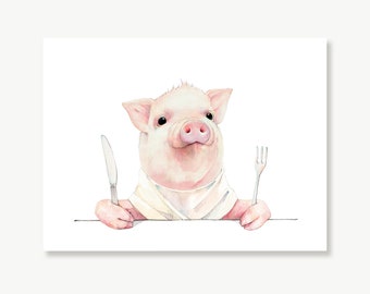 Impression d'art cochon, art de cuisine drôle, décoration de cochon mignon pour cuisine et salle à manger, peinture, impression animalière, art mural animaux de la basse-cour, signe d'humour
