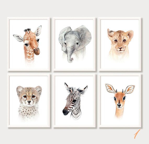 Safari Nursery Decor Wall Art Girl Boy Nursery Animal Prints Set 6 Paintings Baby Animal Portraits Zoo Animals Watercolor Print Art