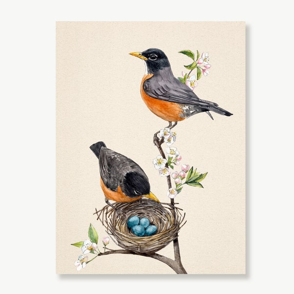 American Robin, Robin's nest, Robin's eggs, Bird Print, Easter Décor, Spring Décor, Apple Tree & Songbird Painting, Vintage Style Art Print