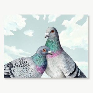 Pigeons in Love, Bird Art Print, Doves Print, Farmhouse Décor, Watercolor Painting, Illustration, Drawing, Pigeon Couple, Blue Sky, Nature