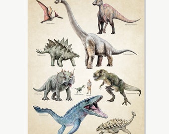 Dinosaurs Art, Dinosaur Print, Dinosaurs Décor for Boys Room, Human & Dinosaurs, Retro Poster, Vintage Dinosaur Wall Art, Artwork for Kids