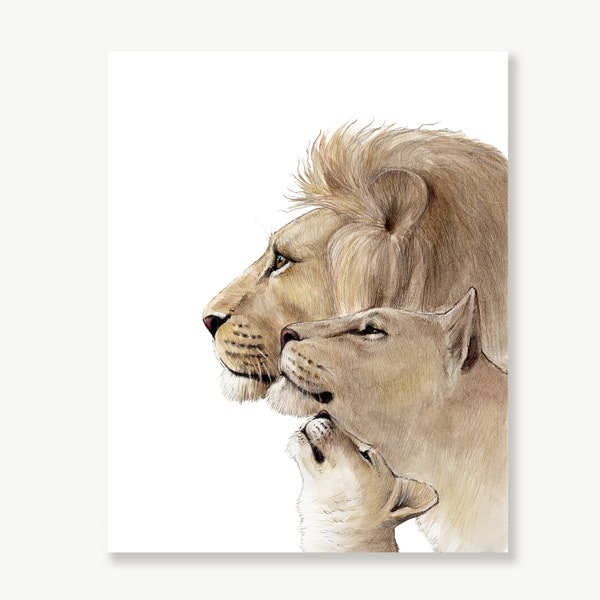 Lion Family Wall Art Print, Lion, Lioness and Cub, Safari Nursery Décor, Animal Family Portrait, Lion Pride Watercolor Painting, Baby Leo