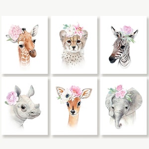 Safari Baby Animals with Flower Crown, Girl Nursery Wall Art, Blush Pink, Nursery Safari Animal Prints, Toddler Girl Room Décor, Paintings