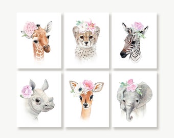 Safari Baby Animals with Flower Crown, Girl Nursery Wall Art, Blush Pink, Nursery Safari Animal Prints, Toddler Girl Room Décor, Paintings