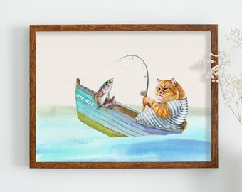 Gone Fishing, Funny Fat Cat Fishing Trout in a Boat, Orange Cat Art Print, Funny Illustration, Gift for Fishermen and Cat Lovers, Big Man