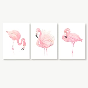 Pink Flamingo Décor, Printable Flamingo Art, Watercolor Painting, Pink Nursery Decor Girl, 3 Piece Wall Art Digital Download Set of 3 Prints
