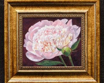 Peony Oil Painting on Canvas, Original Art, One of a Kind Artwork, Dark Background Floral Art, Framed Wall Art Antique Style, Unique Gift