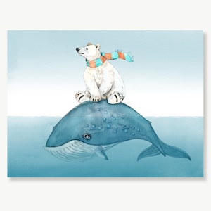 Polar Bear and Blue whale in the Ocean, Arctic Animals Nursery Décor, Nursery Print, Art for Kids&#39; and Baby Room, Bathroom Art, Antarctica
