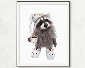Cute Raccoon with Hat and Coffee Mug, Funny Art Print, Wall Art for Kitchen, Animal Print, Coffee Table Décor, Raccoon Gift for Coffee Lover