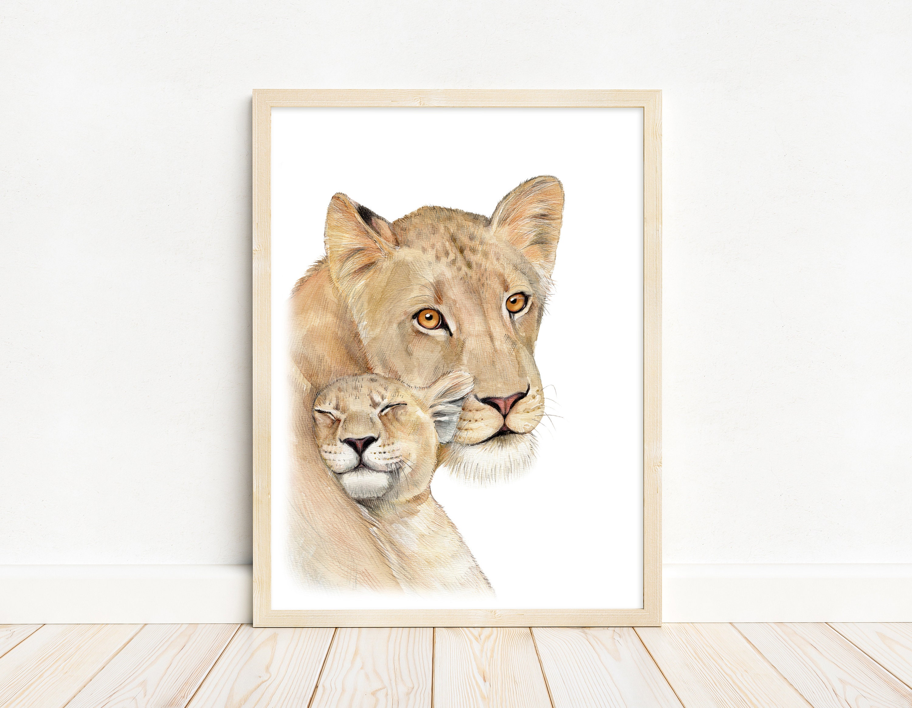 Mama Lion and Cub, Lioness, Mother & Baby Animal Print, Watercolor