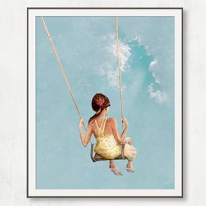 Niña en un columpio, impresión de arte de pintura de acuarela original, decoración de la habitación de la niña, arte de la guardería de la niña, niño feliz, cartel para la niña, arte de los niños