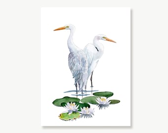 Great Egret and Water Lilies, Bird Art Print, Watercolor Painting, White Heron, Tropical Birds with Flowers, Wildlife Art, Natural Landscape