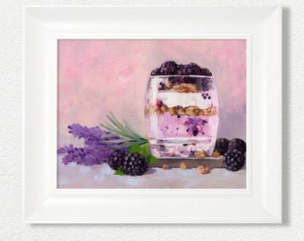 Dopamine Décor Wall Art for Kitchen: Blackberries, Dessert Cream and Lavender, Dessert Art Print of Original Oil Painting, Aesthetic Poster