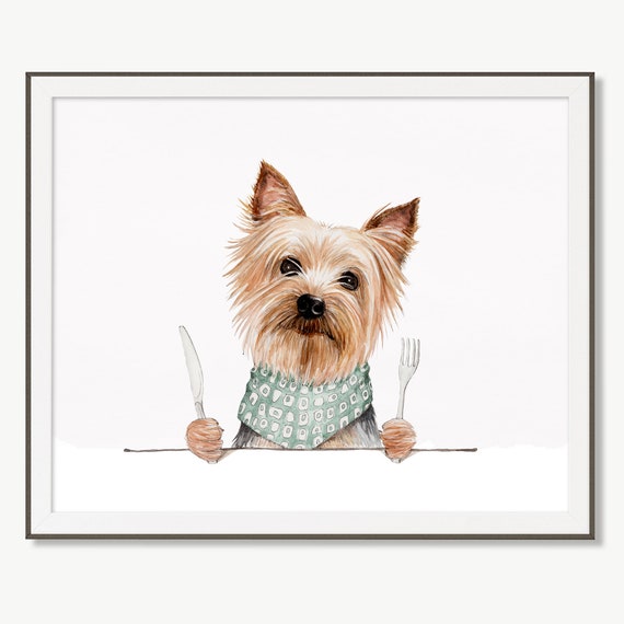 Perro Yorkie con cuchillo y tenedor regalo personalizado para amantes de los perros estampado animal divertido arte de pared para cocina y comedor decoracion de pared linda Etsy Espana