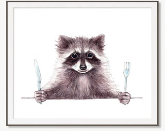 Raccoon Art Print, Funny Kitchen Décor, Kitchen Art, Animal Painting, Wall Décor for Dining Room, Quirky Wall Art, Whimsical Art, Giclee