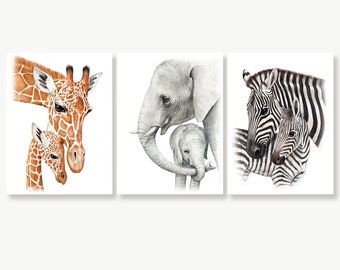 Safari Nursery Décor for Baby Boy, Girl, Mom & Baby Animal Prints, SET of 3 Illustrations, Zoo Animal Portraits, Elephant, Zebra, Giraffe