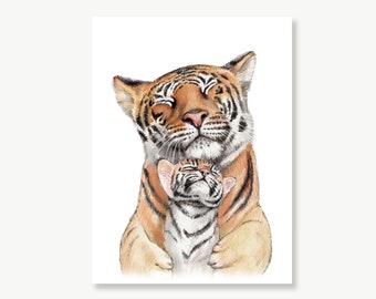 Tiger Mom and Baby, Animal Print, Painting for Nursery, Safari Animal Nursery Decor, Mother & Daughter, Mother and Son Art, Tiger Cub Print