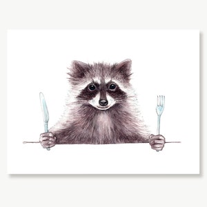 Raccoon Print, Funny Animal Art, Kitchen Art Watercolor, Country Home Decor, Raccoon Gifts, Raccoon Painting, Funny Gift Cook, Animal Print