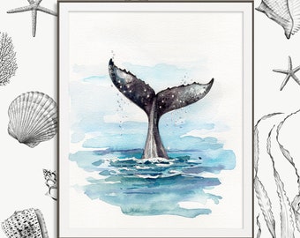 Whale Tale, Ocean Art Print, Bathroom Wall Art, Nautical Décor, Watercolor Painting, Sea Life Print, Beach House Poster, Blue Nursery Art