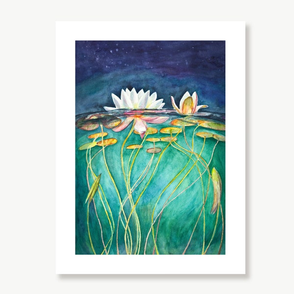 Water Lilies Painting, Lotus Flower Wall Art, Watercolor, Water Lily Pond Underwater and Night Sky Print, Aquatic Botanical Art, Zen Decor