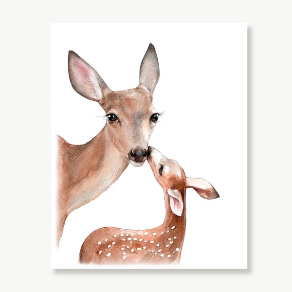 Fawn, Deer Mom and Baby, Animal Print, Woodland Nursery Decor Girl, Mother & Daughter, Watercolor Painting, Children, Baby Room Wall Art