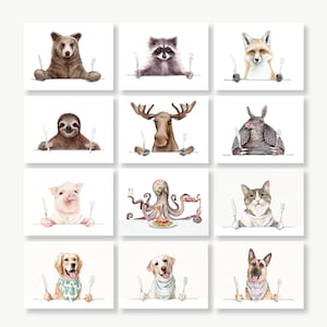 Kitchen Art: Funny Animal Prints for Kitchen, Wall Décor, Hungry Animals, Food Prints, Dogs & Cats with Knife and Fork, Quirky Wall Art Gift