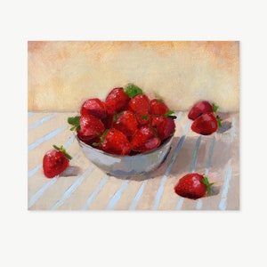Fraises, peinture à l'huile originale, nature morte de fruits, décoration dopamine, oeuvre d'art unique, touche de rouge, oeuvre d'art murale pour cuisine et bar à fruits