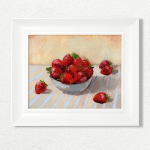 Strawberries in a Bowl, Art Print of Original Still Life Fruit Oil Painting, Red Accent Décor, Kitchen Art, Aesthetic Wall Art, Comfort Food