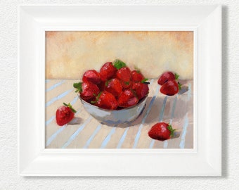 Fresas en un tazón, impresión artística de pintura al óleo original de bodegones, decoración con acento rojo, arte de cocina, arte estético de la pared, comida reconfortante