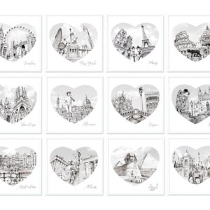 City Prints, Drawings of Landmarks, Travel Gallery Wall Set, Sketches, European Cities, Travel Wall Art Décor, London Paris Rome Barcelona