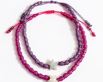 Tobillera de cuentas de semillas rosas y moradas, pulsera ajustable con dije de estrella de concha