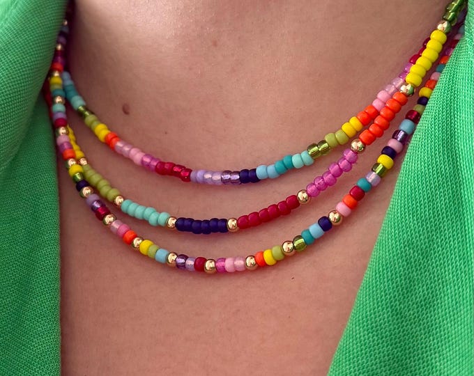 Rainbow Beaded Necklace – Multicolor Seed Beads, 18K Gold-Filled Details, 3 Rainbow Color Combos, 3 Sizes, Handmade, Non-Tarnish