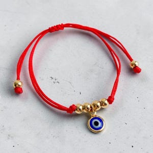 Blue evil eye  Red String Bracelet, 18K Gold Filled Beads, Adjustable, Waterproof Protection Jewelry