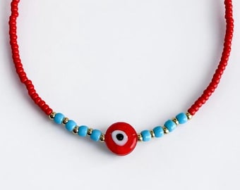 Blue & Red Beaded Evil Eye Necklace with Pearl – 18K Gold Filled, Adjustable