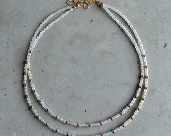 White Topaz Double Layer Necklace, 18K Gold Filled, Natural Stone Choker