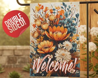 Otoño flor flor naranja azul viejo país doble cara jardín bandera, otoño jardín bandera, otoño jardín bandera, porche decoración, entrada bandera patio decoración